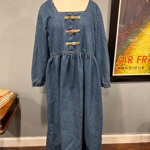 Vintage Cottagecore Denim Long Sleeve Midi Dress with Bow Accents